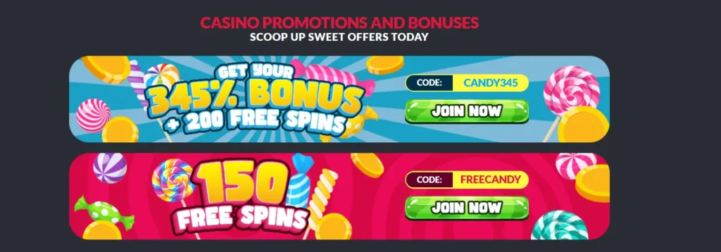 A Big Candy Casino banners showcasing a 345% welcome bonus and a 150 free spins promo offer.