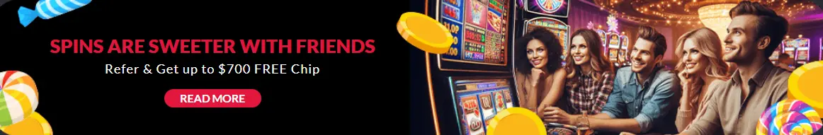 A Big Candy Casino referral banner offering up to a $700 free chip for inviting friends.