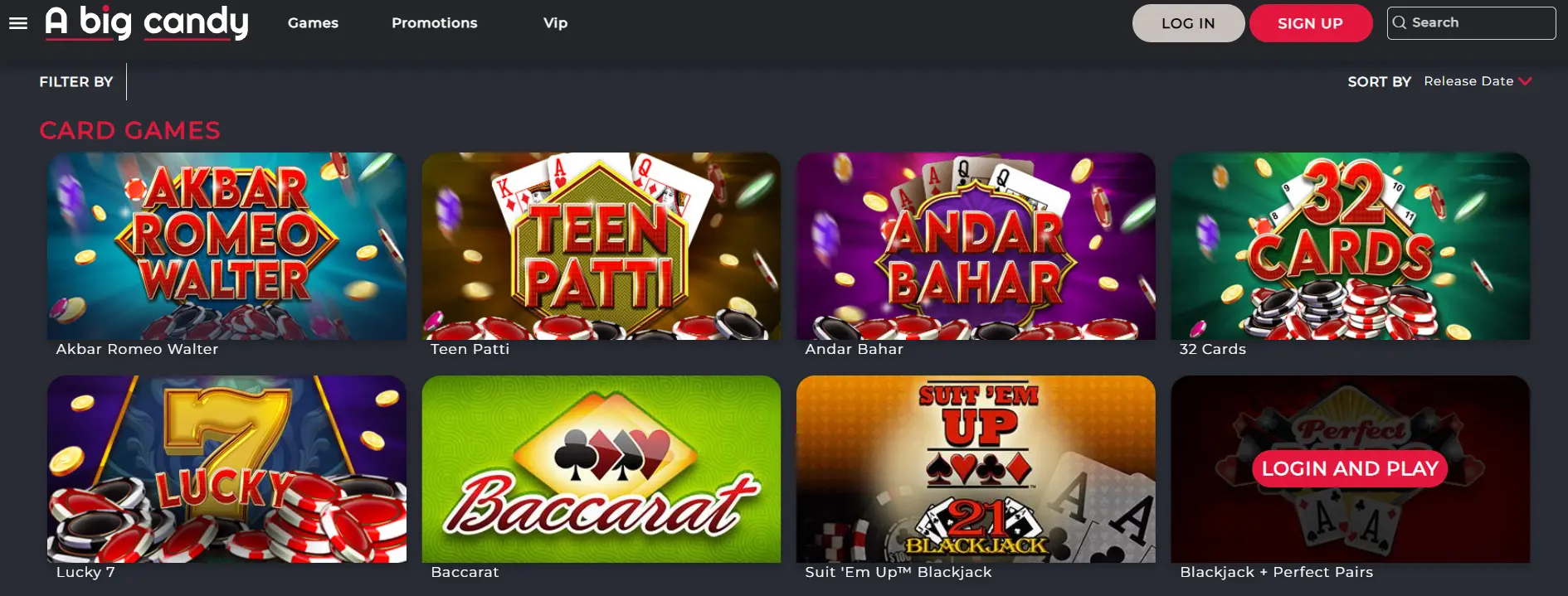 A Big Candy Casino card games lobby section featuring titles like Teen Patti and Blackjack.