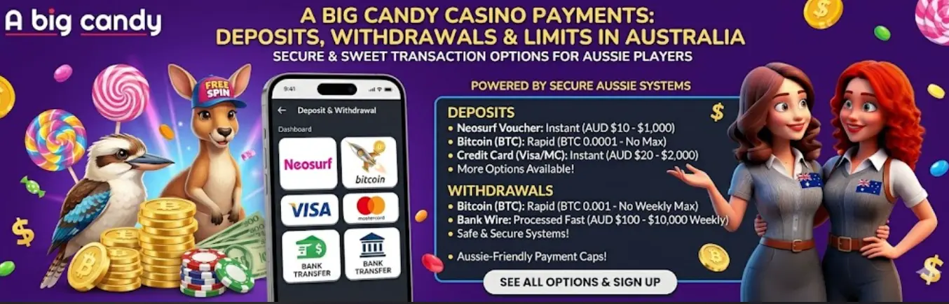 A Big Candy Casino banking banner displaying deposit and withdrawal options for Australia.