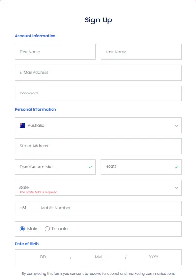 A Big Candy Casino registration form showing the sign up steps for personal and account info