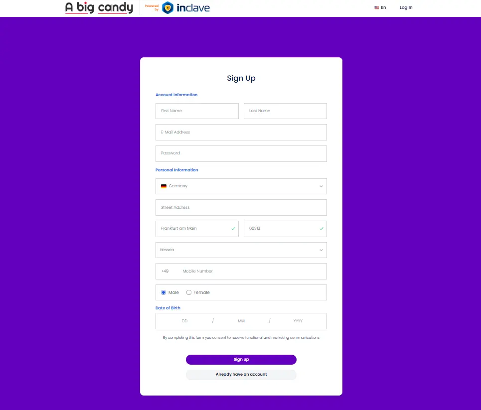 A Big Candy Casino signup page powered by Inclave featuring account and personal info fields
