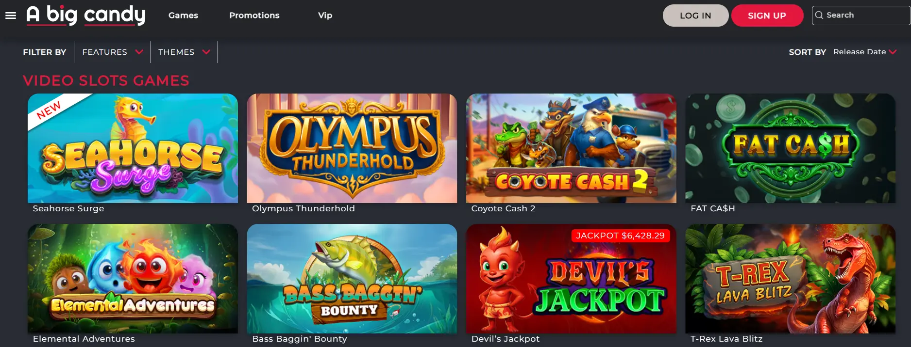 A Big Candy Casino video slots selection page showing various games with filtering options.