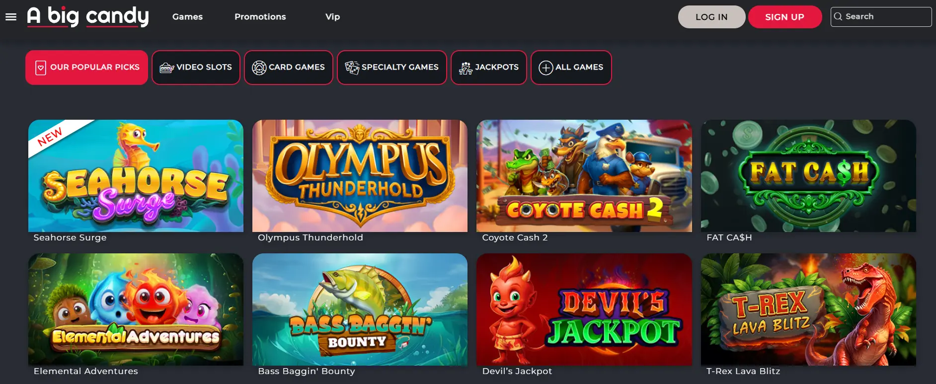A Big Candy Casino lobby displaying popular online slots like Seahorse Surge and Olympus Thunderhold.