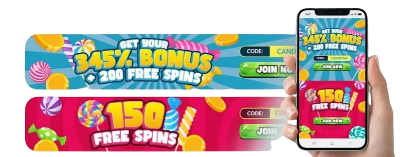 A Big Candy Casino promo banners displayed on a mobile smartphone screen to show mobile view.